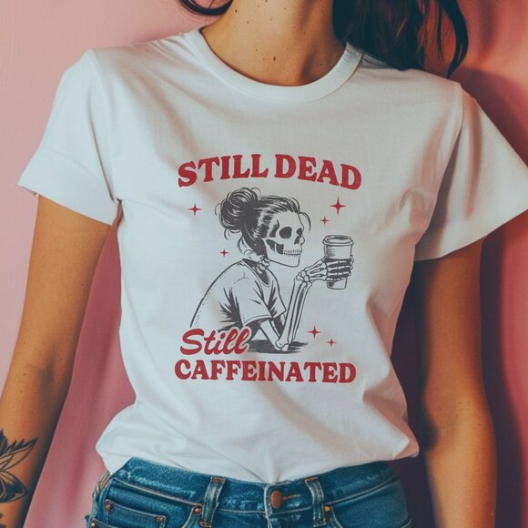 Funny Skeleton Halloween Graphic Tee Spooky Season Coffee Dark Humor T-Shirt - Picture 1 of 4